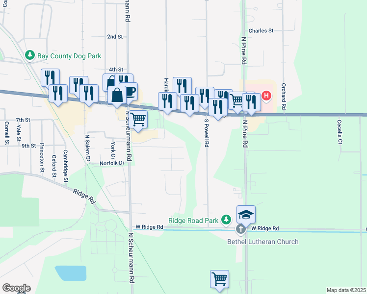 map of restaurants, bars, coffee shops, grocery stores, and more near 1898 Central Villa Court in Essexville