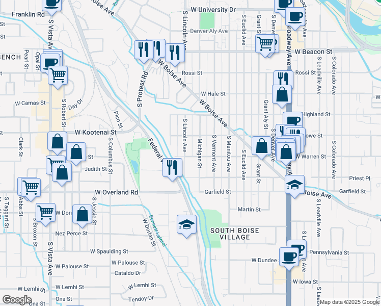 map of restaurants, bars, coffee shops, grocery stores, and more near 1620 West Warren Street in Boise