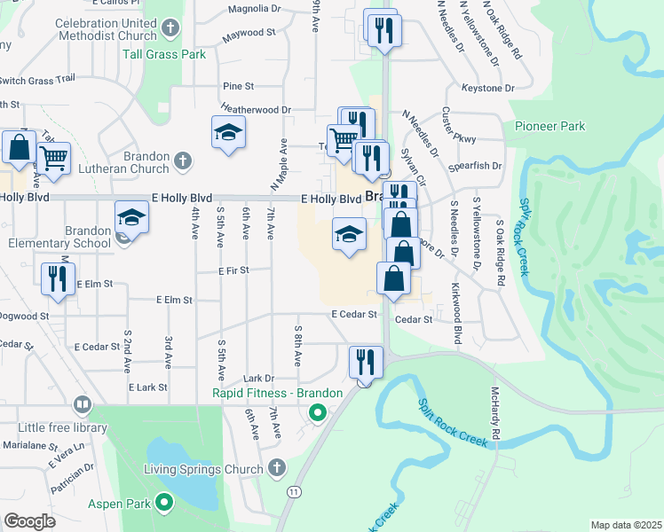 map of restaurants, bars, coffee shops, grocery stores, and more near 301 South Splitrock Boulevard in Brandon