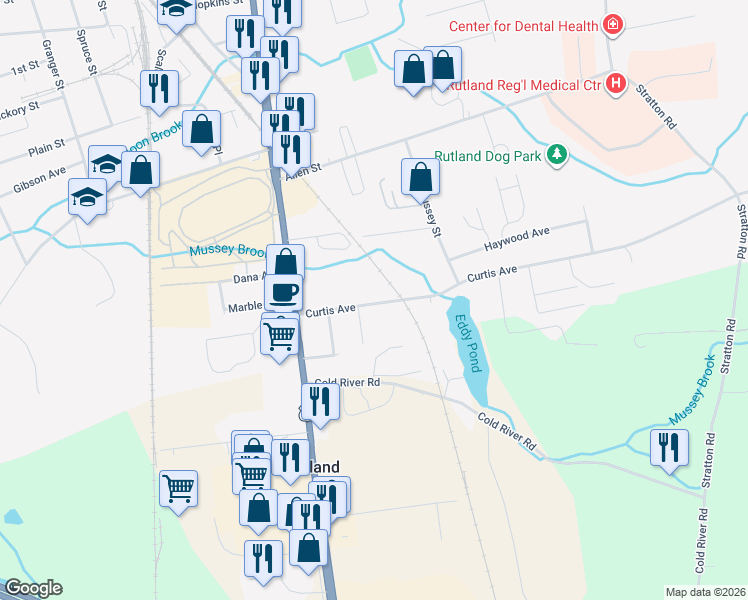 map of restaurants, bars, coffee shops, grocery stores, and more near 254 Horton Street in Rutland