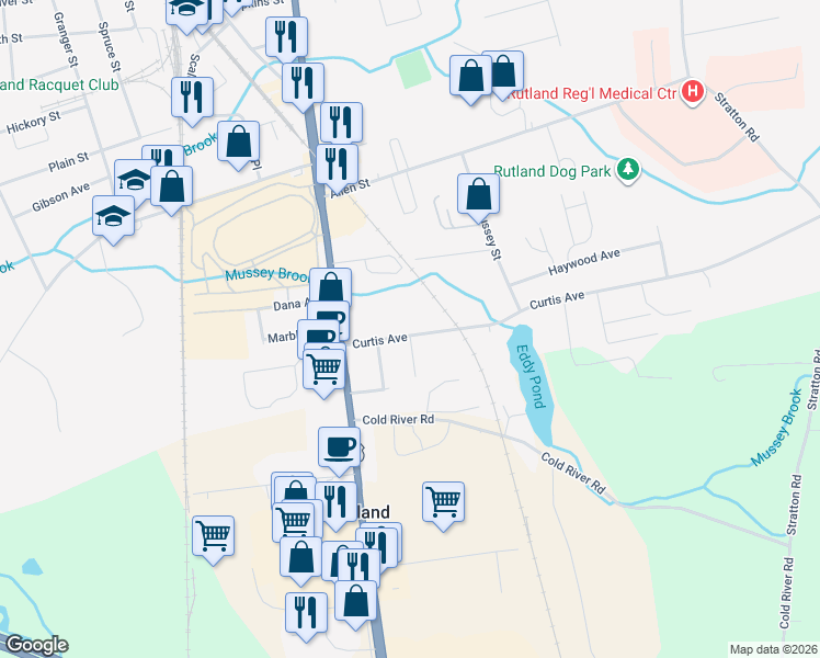 map of restaurants, bars, coffee shops, grocery stores, and more near 25 Curtis Avenue in Rutland