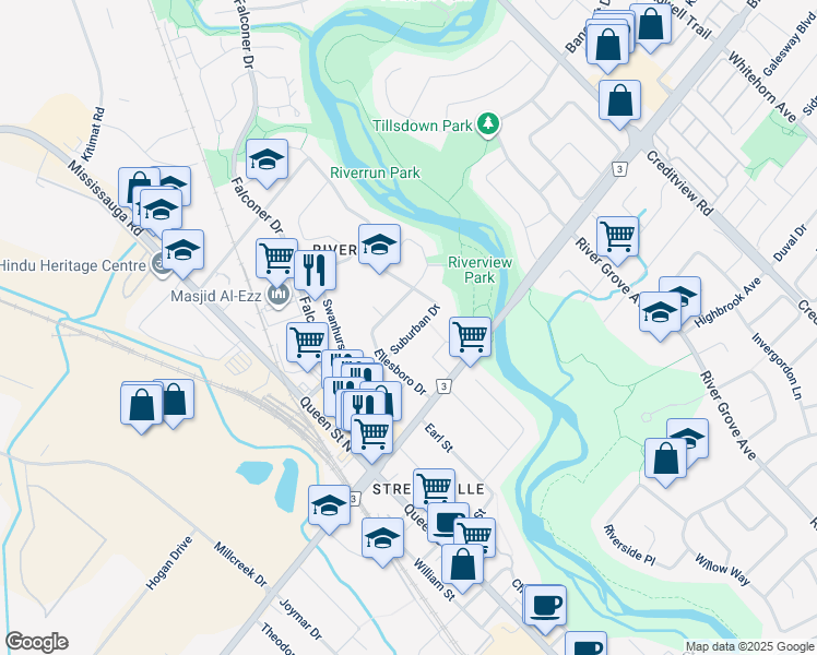 map of restaurants, bars, coffee shops, grocery stores, and more near 10 Suburban Drive in Mississauga