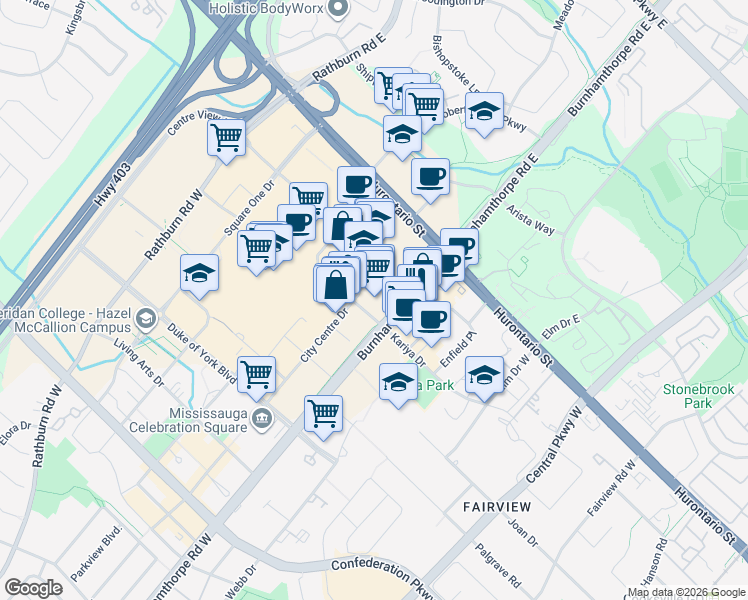 map of restaurants, bars, coffee shops, grocery stores, and more near 77 City Centre Drive in Mississauga