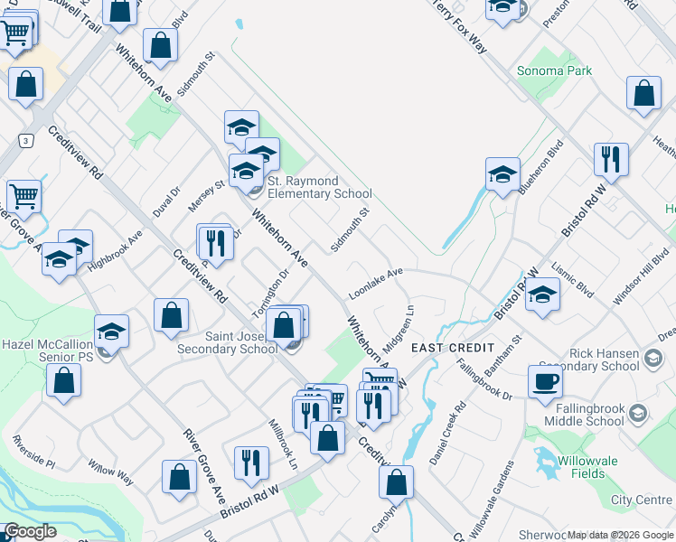 map of restaurants, bars, coffee shops, grocery stores, and more near 5581 Wheatland Court in Mississauga