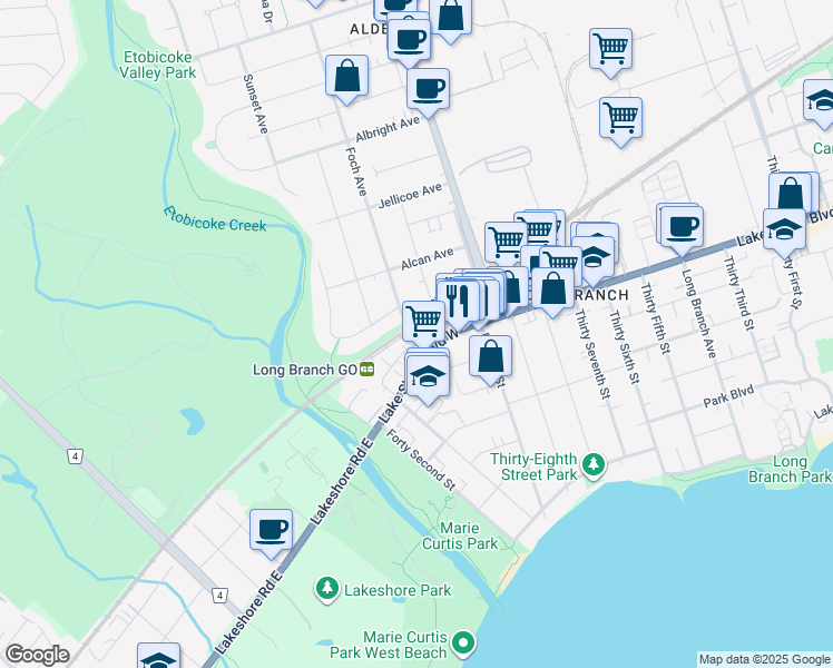 map of restaurants, bars, coffee shops, grocery stores, and more near 48 Exmoor Drive in Toronto