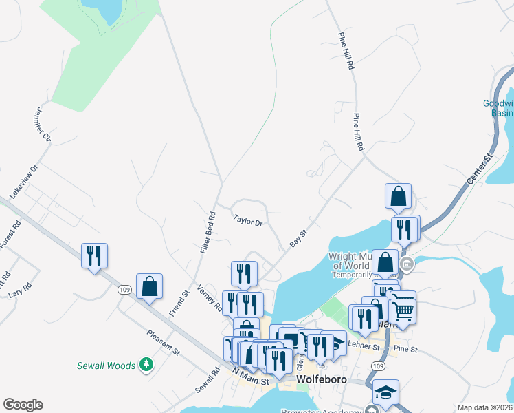 map of restaurants, bars, coffee shops, grocery stores, and more near 11 Taylor Drive in Wolfeboro