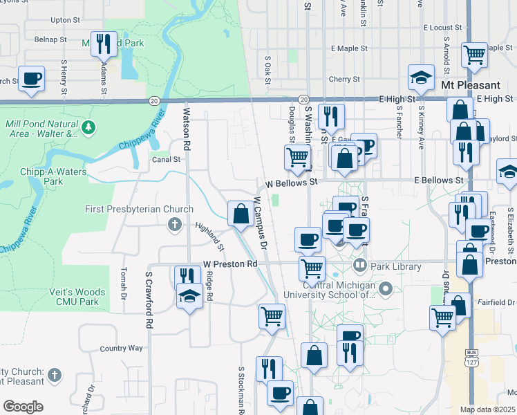 map of restaurants, bars, coffee shops, grocery stores, and more near 1107 West Campus Drive in Mount Pleasant