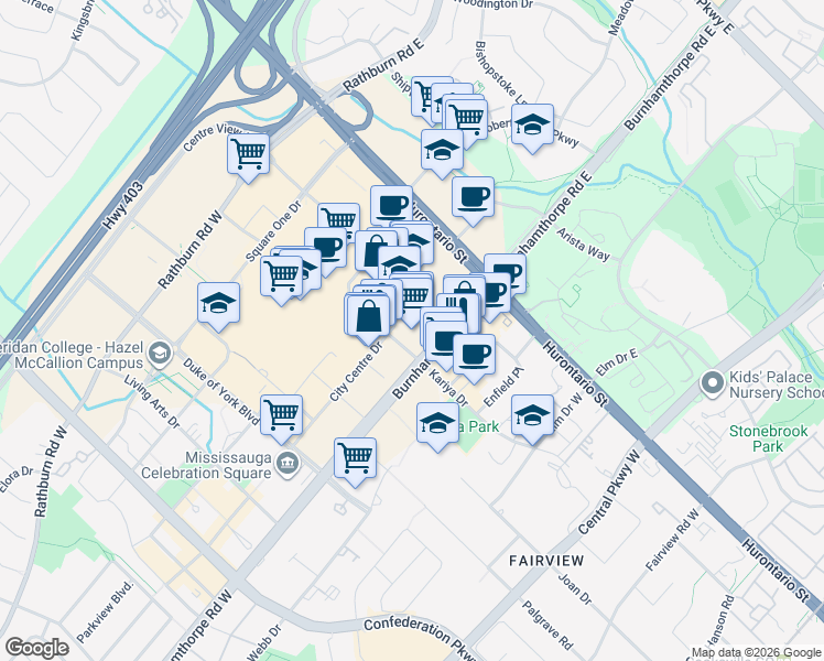 map of restaurants, bars, coffee shops, grocery stores, and more near 77 City Centre Drive in Mississauga