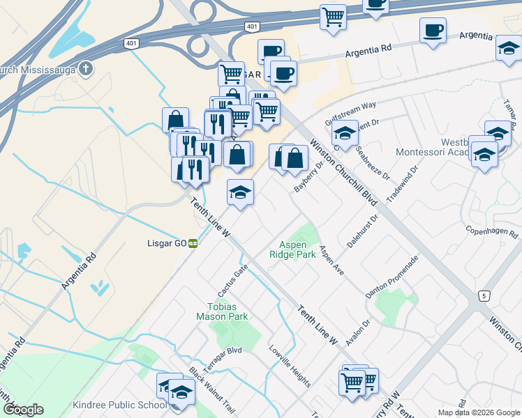 map of restaurants, bars, coffee shops, grocery stores, and more near 7521 Doverwood Drive in Mississauga