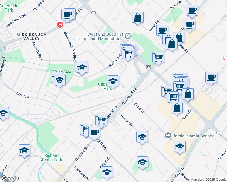 map of restaurants, bars, coffee shops, grocery stores, and more near 530 Lolita Gardens in Mississauga