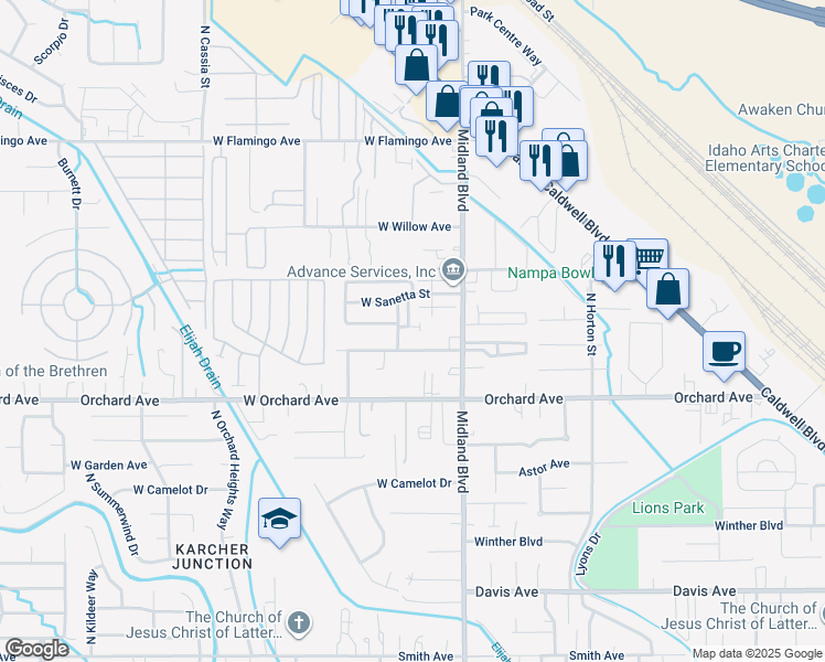 map of restaurants, bars, coffee shops, grocery stores, and more near 916 North Sifter Street in Nampa