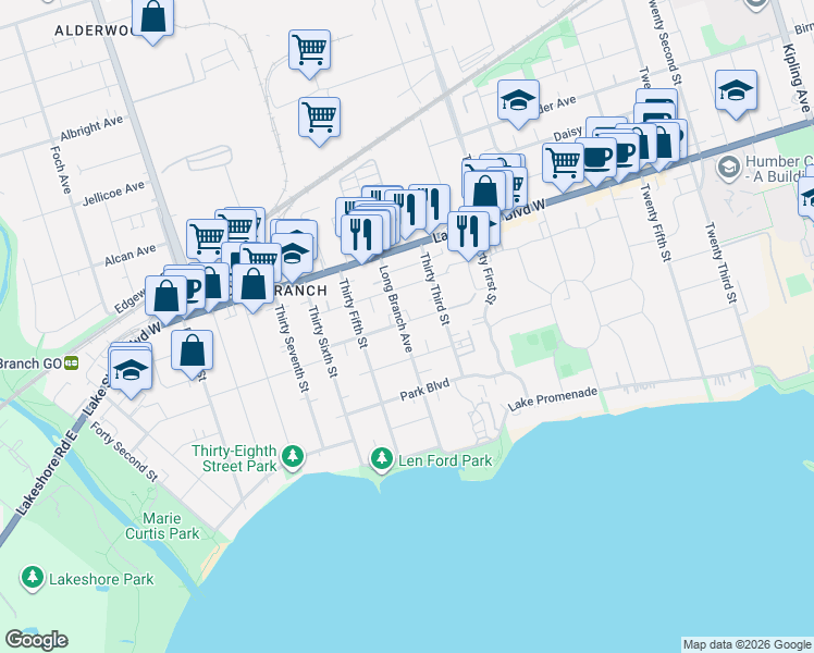 map of restaurants, bars, coffee shops, grocery stores, and more near 55B Long Branch Avenue in Toronto