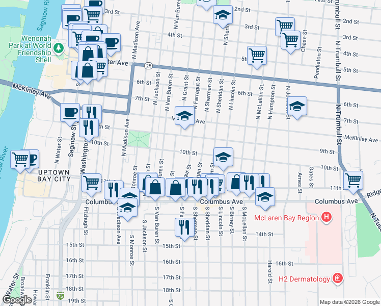 map of restaurants, bars, coffee shops, grocery stores, and more near 301 North Farragut Street in Bay City
