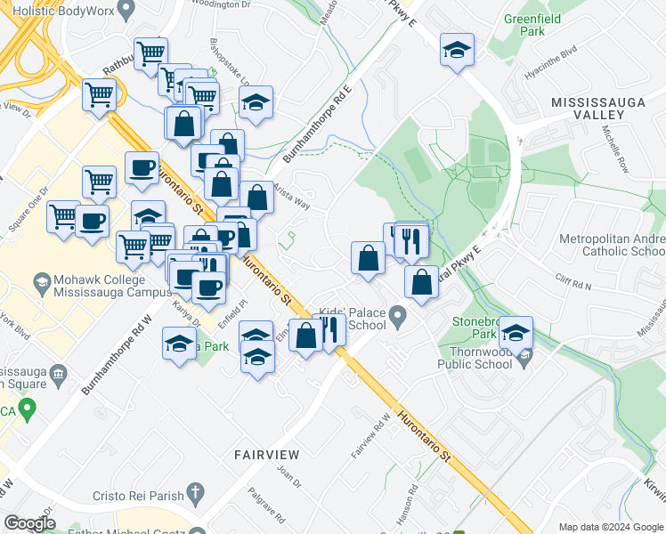 map of restaurants, bars, coffee shops, grocery stores, and more near 3595 Kaneff Crescent in Mississauga