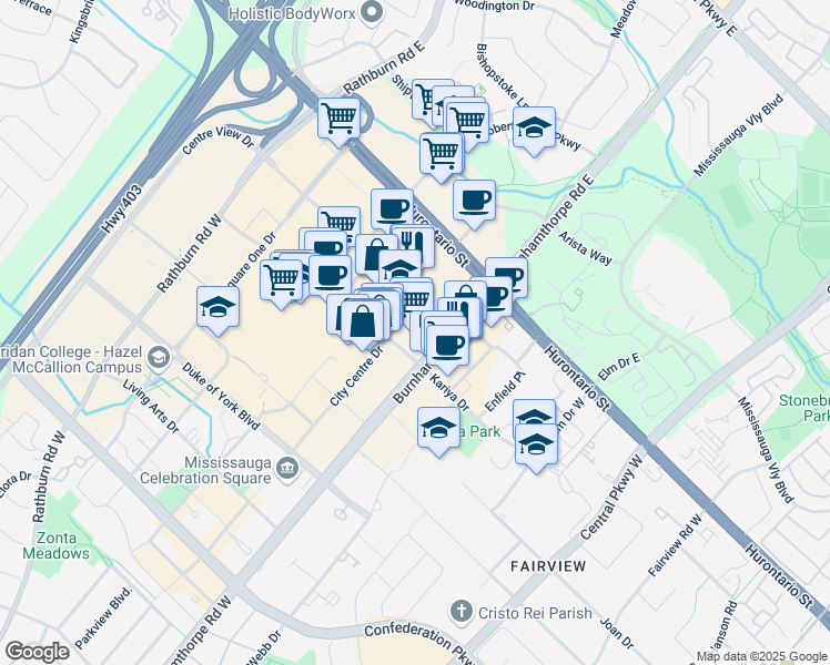 map of restaurants, bars, coffee shops, grocery stores, and more near 77 City Centre Drive in Mississauga