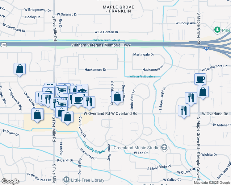 map of restaurants, bars, coffee shops, grocery stores, and more near 1320 South Goldking Way in Boise