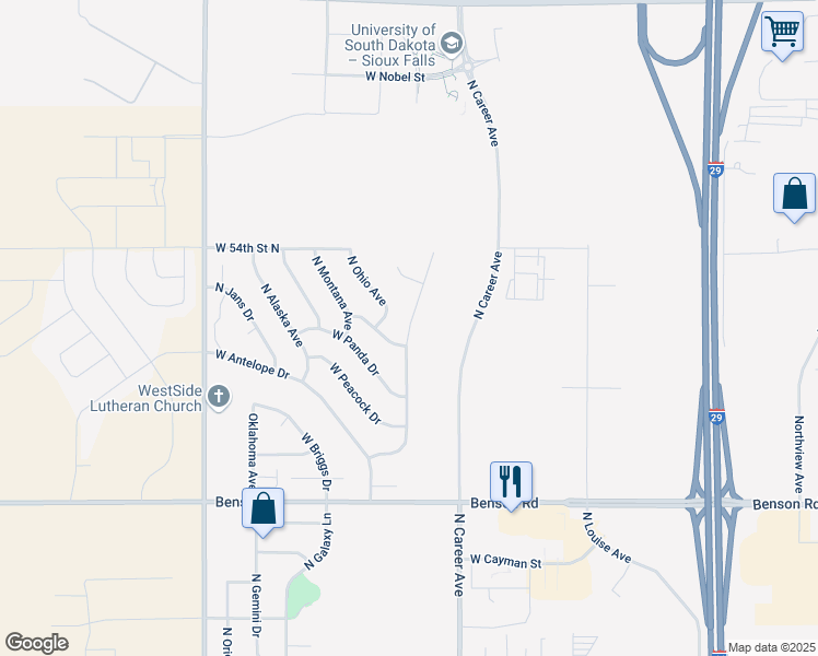 map of restaurants, bars, coffee shops, grocery stores, and more near 4219 North Pennsylvania Avenue in Sioux Falls