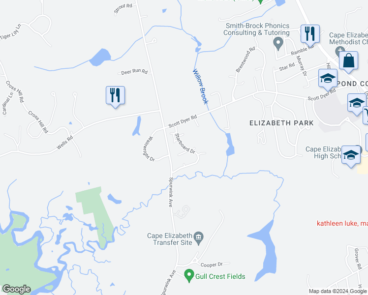 map of restaurants, bars, coffee shops, grocery stores, and more near 16 Starboard Drive in Cape Elizabeth