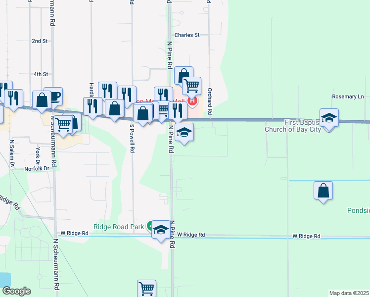 map of restaurants, bars, coffee shops, grocery stores, and more near 1435 West Center Road in Essexville