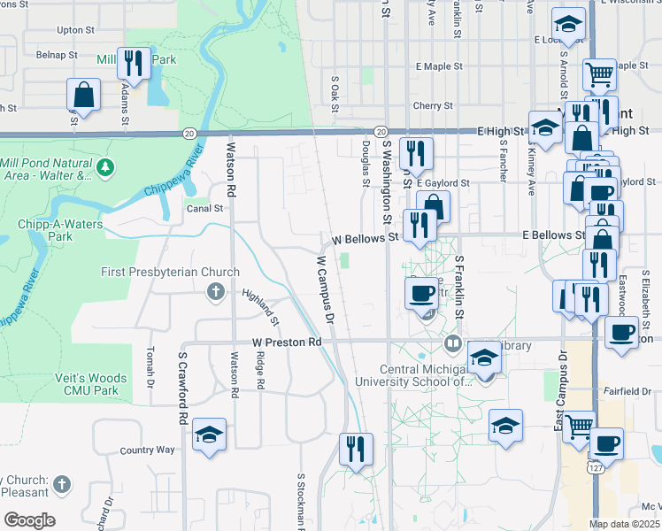 map of restaurants, bars, coffee shops, grocery stores, and more near 1107 West Campus Drive in Mount Pleasant