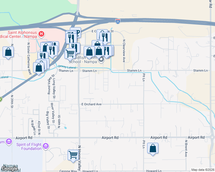 map of restaurants, bars, coffee shops, grocery stores, and more near 4921 Stamm Lane in Nampa
