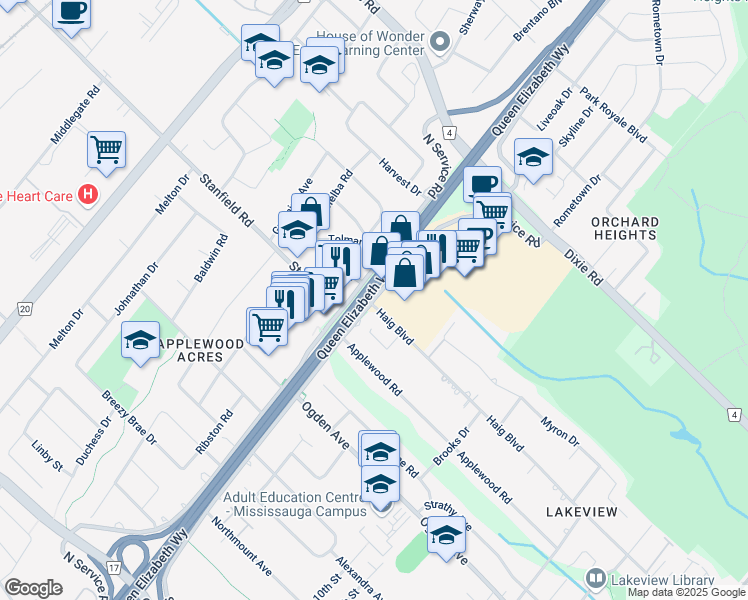 map of restaurants, bars, coffee shops, grocery stores, and more near in Mississauga