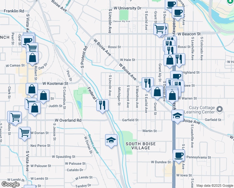 map of restaurants, bars, coffee shops, grocery stores, and more near 1619 South Michigan Avenue in Boise