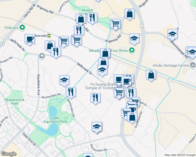 map of restaurants, bars, coffee shops, grocery stores, and more near Millcreek Dr & Millrace Ct in Mississauga