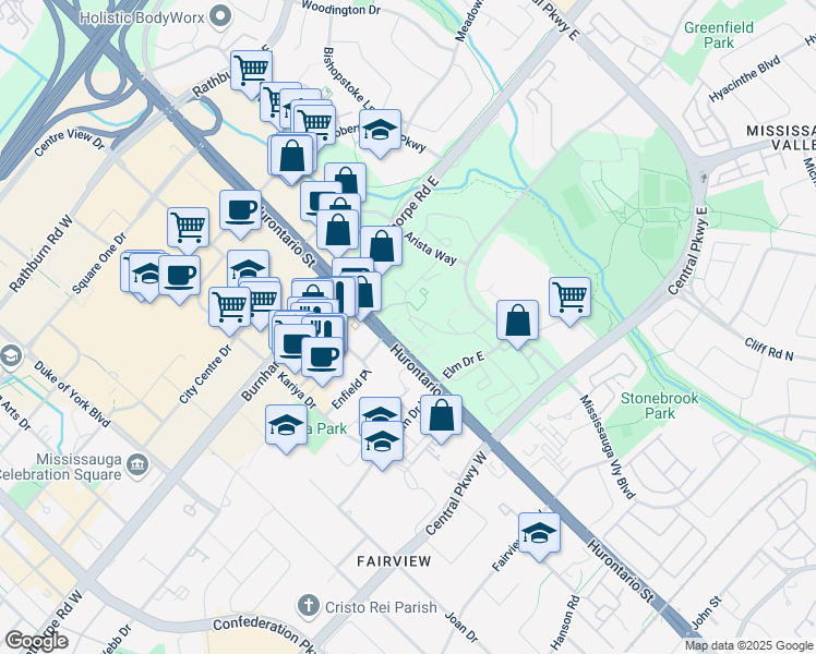 map of restaurants, bars, coffee shops, grocery stores, and more near 3620 Kaneff Crescent in Mississauga