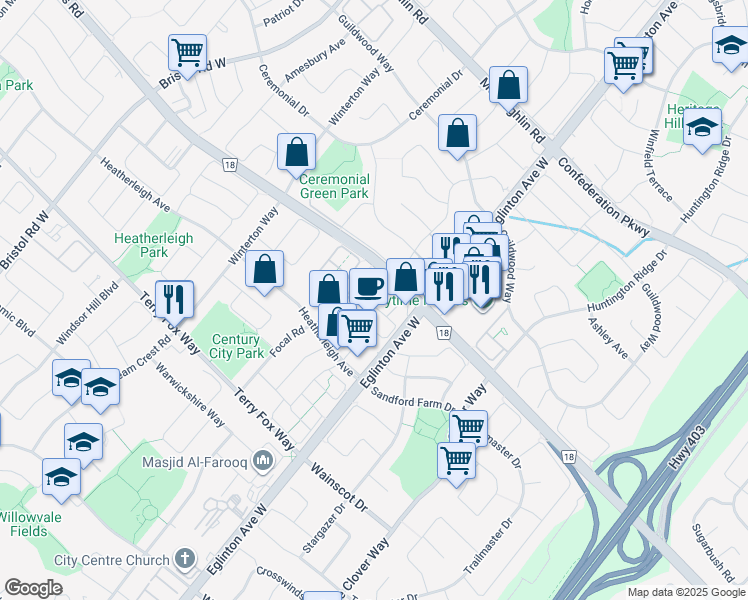 map of restaurants, bars, coffee shops, grocery stores, and more near 5050 Mavis Road in Mississauga