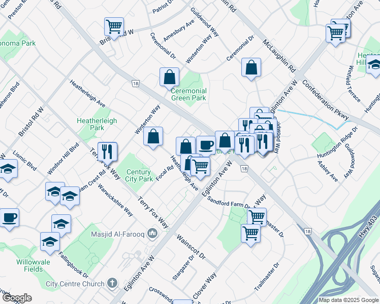 map of restaurants, bars, coffee shops, grocery stores, and more near in Mississauga