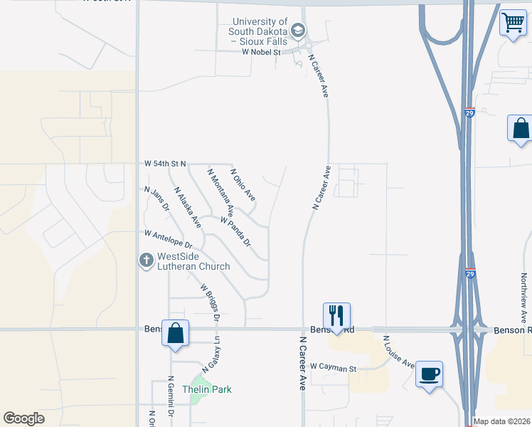 map of restaurants, bars, coffee shops, grocery stores, and more near 4219 North Pennsylvania Avenue in Sioux Falls