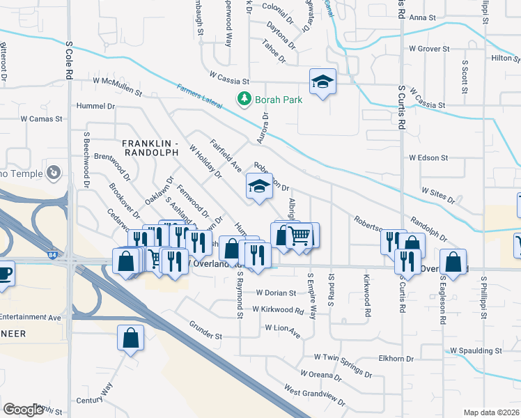 map of restaurants, bars, coffee shops, grocery stores, and more near 6411 Fairfield Avenue in Boise