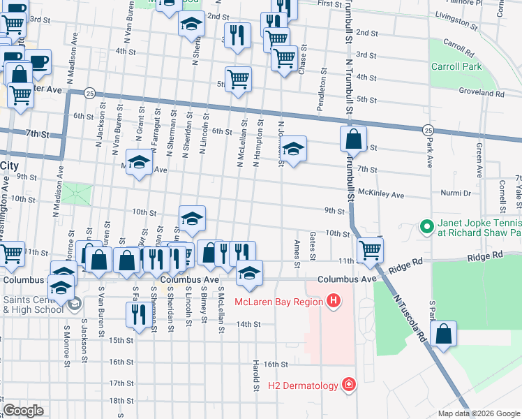 map of restaurants, bars, coffee shops, grocery stores, and more near 1719 9th Street in Bay City