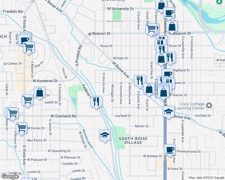 map of restaurants, bars, coffee shops, grocery stores, and more near 1617 Michigan Avenue in Boise