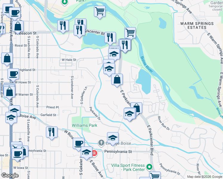 map of restaurants, bars, coffee shops, grocery stores, and more near 501 East Parkcenter Boulevard in Boise
