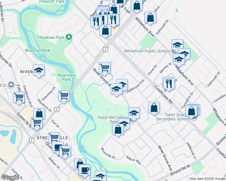 map of restaurants, bars, coffee shops, grocery stores, and more near 5876 River Grove Avenue in Mississauga