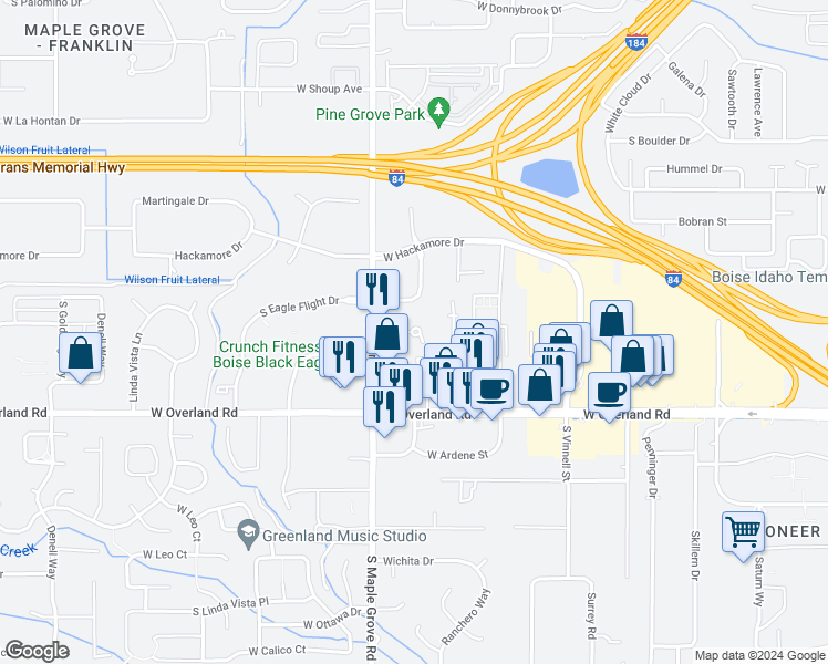 map of restaurants, bars, coffee shops, grocery stores, and more near 8834 West Candleston Court in Boise