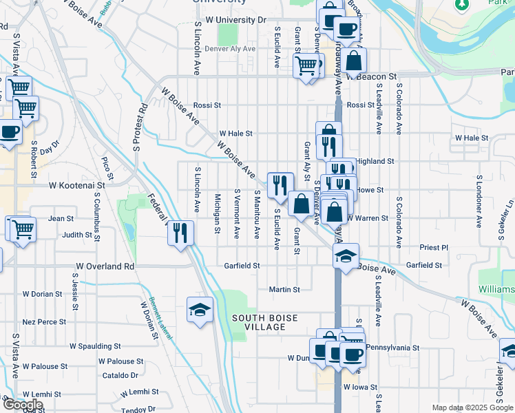 map of restaurants, bars, coffee shops, grocery stores, and more near South Manitou Avenue in Boise