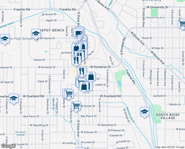 map of restaurants, bars, coffee shops, grocery stores, and more near South Helen Street in Boise