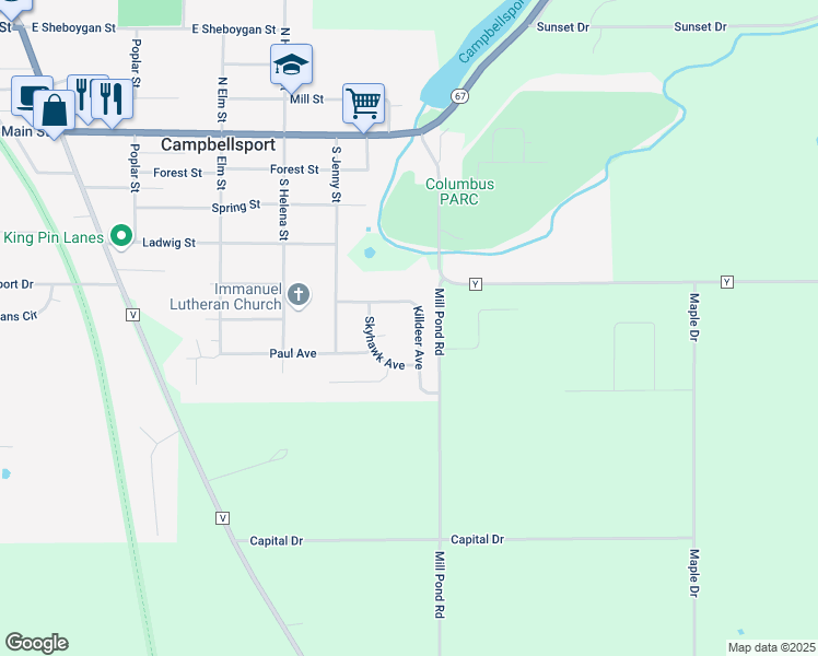 map of restaurants, bars, coffee shops, grocery stores, and more near 211 Killdeer Avenue in Campbellsport