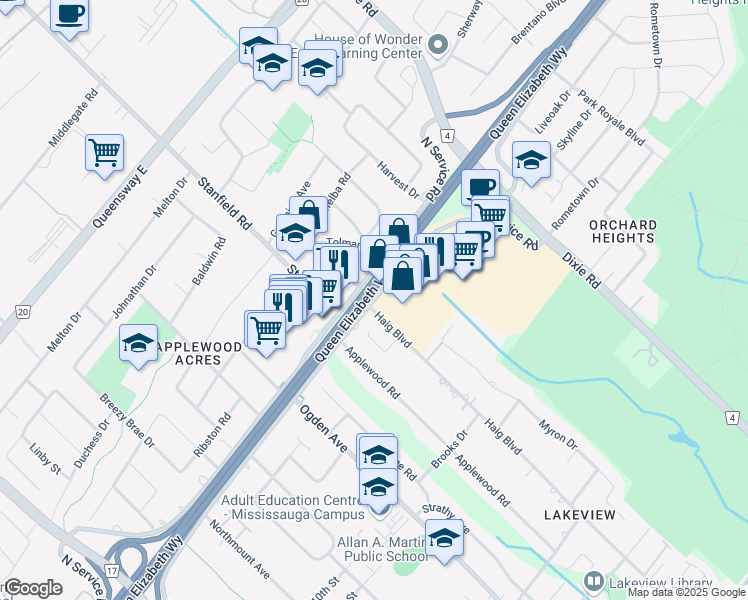 map of restaurants, bars, coffee shops, grocery stores, and more near in Mississauga