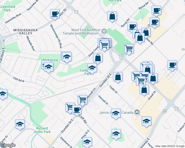 map of restaurants, bars, coffee shops, grocery stores, and more near 530 Lolita Gardens in Mississauga