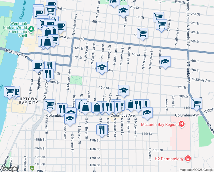 map of restaurants, bars, coffee shops, grocery stores, and more near 301 North Farragut Street in Bay City