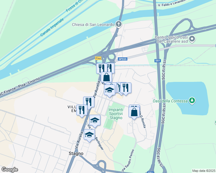 map of restaurants, bars, coffee shops, grocery stores, and more near 9 Via C. Marchesi in Stagno