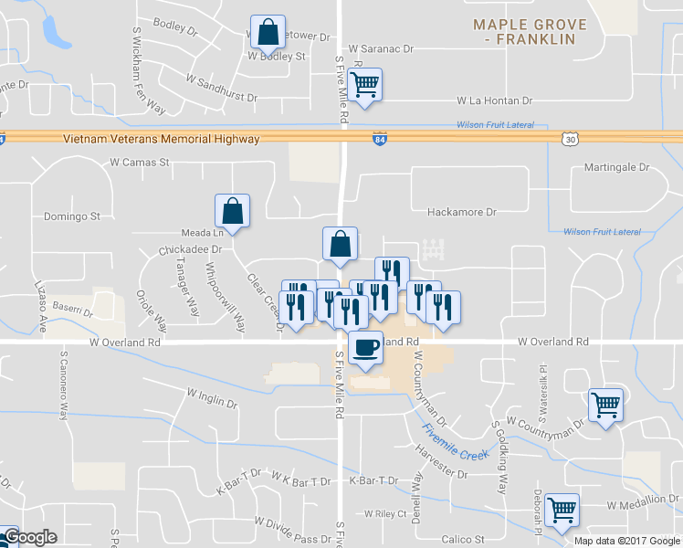 map of restaurants, bars, coffee shops, grocery stores, and more near in Boise