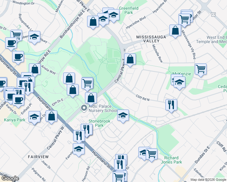 map of restaurants, bars, coffee shops, grocery stores, and more near 3400 Rhonda Valley in Mississauga