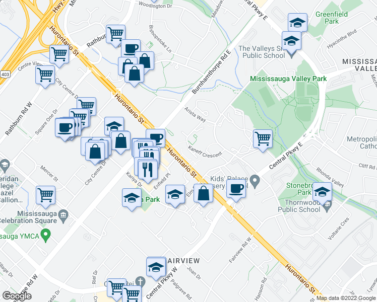 map of restaurants, bars, coffee shops, grocery stores, and more near 3620 Kaneff Crescent in Mississauga