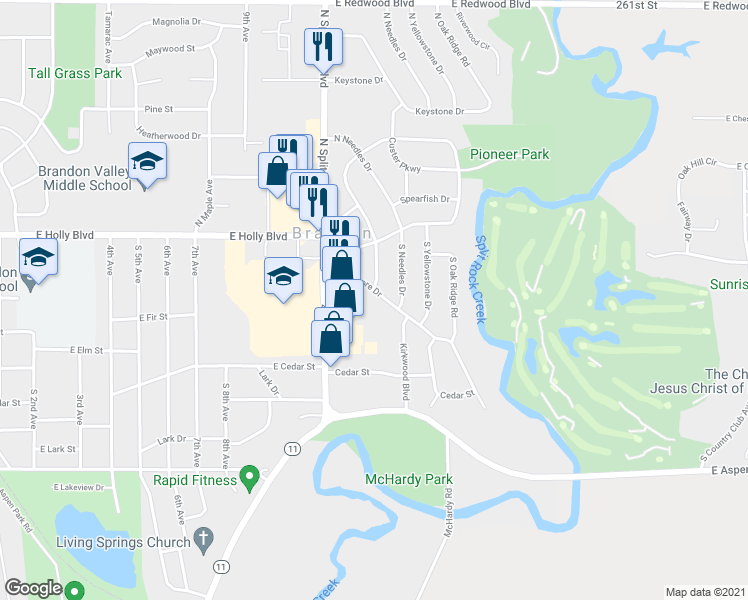 map of restaurants, bars, coffee shops, grocery stores, and more near 1405 Rushmore Drive in Brandon