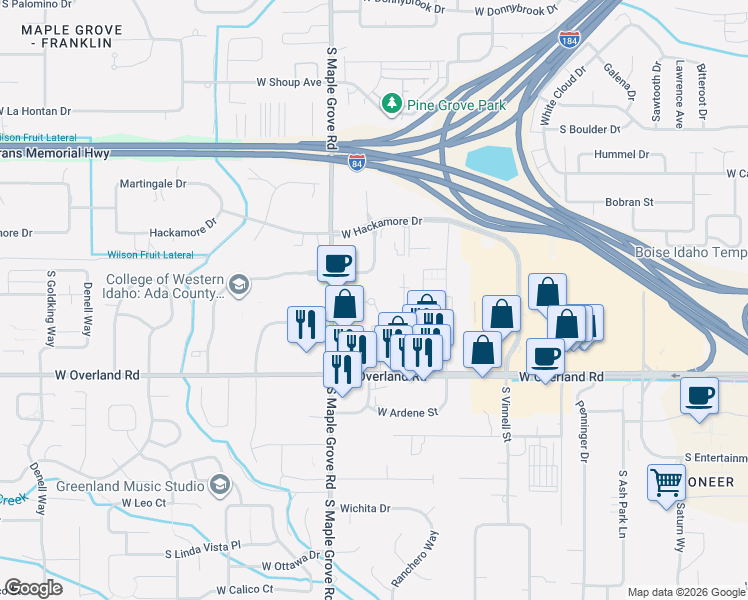 map of restaurants, bars, coffee shops, grocery stores, and more near 8868 West Candleston Court in Boise